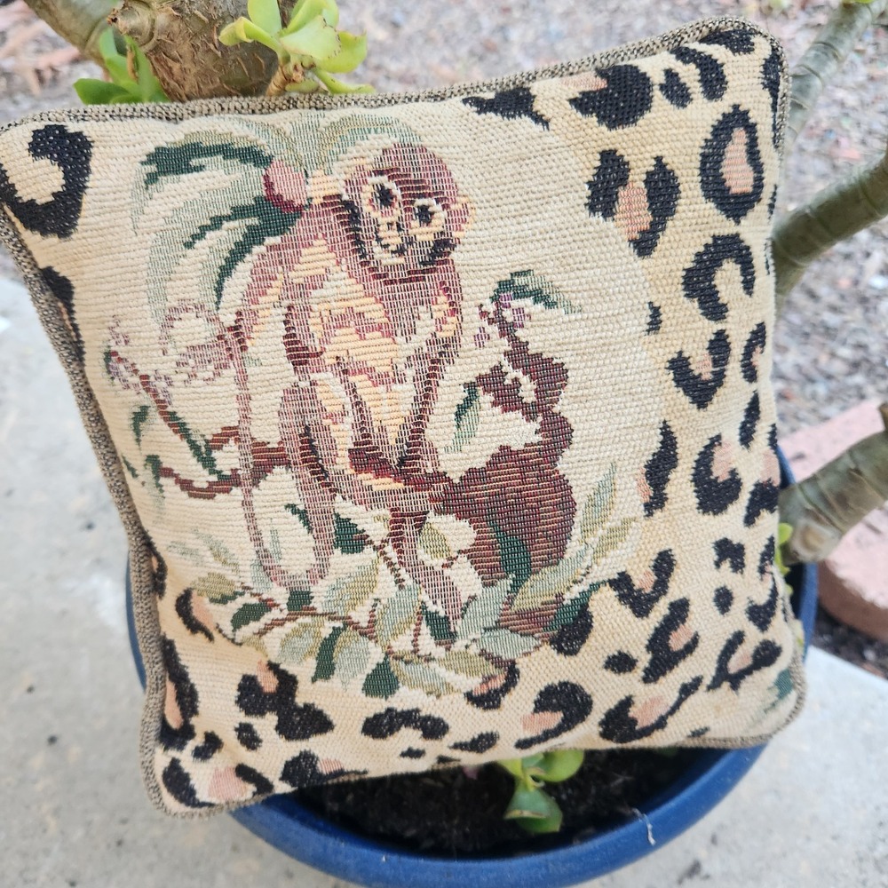 Vtg Throw Pillow Tapestry Monkey Tropical Palm Leopard Print Mini 9.5"
